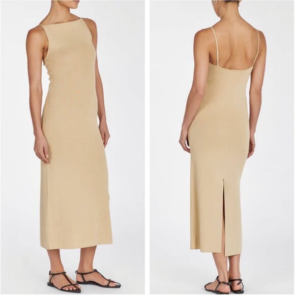 BEST DISSH Taylor Knit Midi Dress Sand Tan Beige Stretch Cocktail Causal Vacatio - Picture 2 of 11